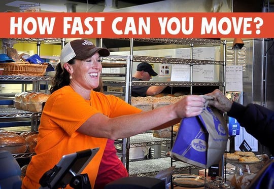 bakery employee photo and the text "how fast can you move?"