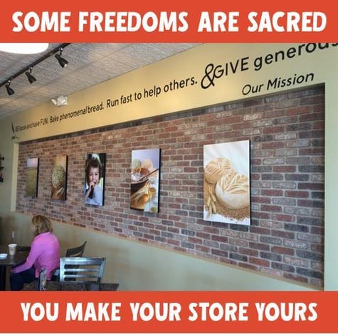 photo of a bakery cafe wall with posters. Text: Some freedoms are sacred, you make your store yours.