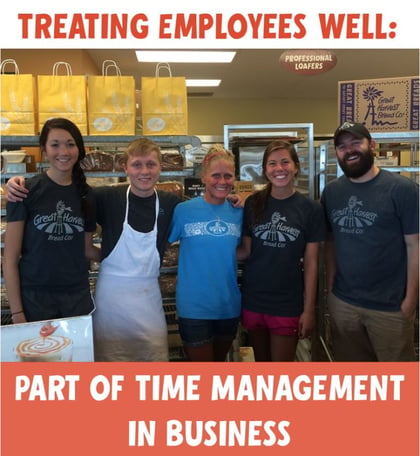 Photo with bakery team and the words: Relationships are part of time management in business