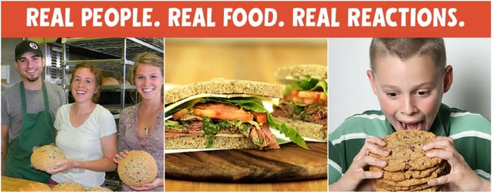 photo collage of bakery employees, sandwiches and a boy biting a stack of cookies